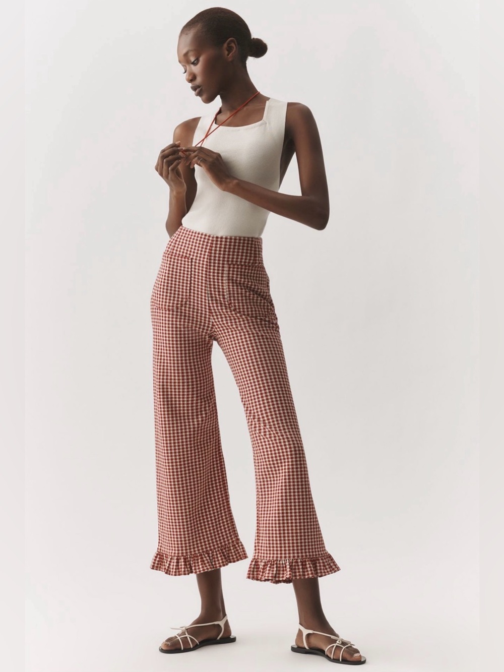 NWT Anthropologie Maeve the Colette Women's Red Gingham Ruffle Hem Pants Size 33 - Picture 1 of 9
